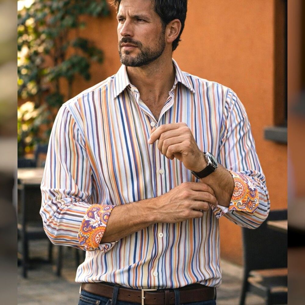 Thomas Dean Pima Cotton Striped Dress Shirt Mens L Multicolor Paisley Flip Cuff